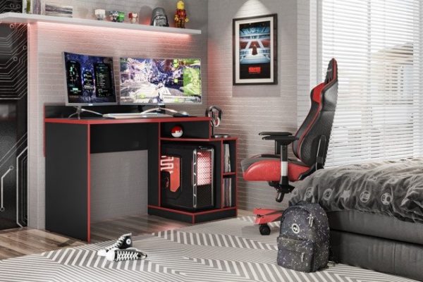Mesa Computador Gamer Play Preto Fosco/Vermelho
