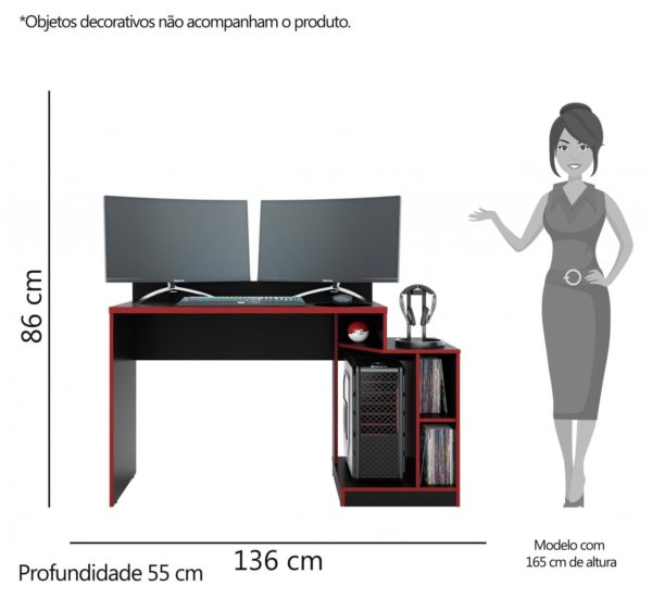 Mesa Computador Gamer Play Preto Fosco/Vermelho - Image 4