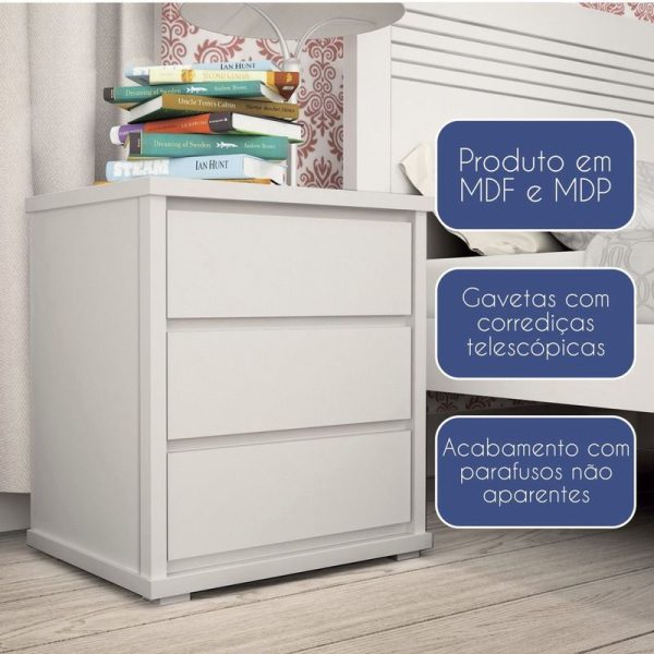 Mesa De Cabeceira Stillus 3 Gavetas  Branco Neve - Image 2