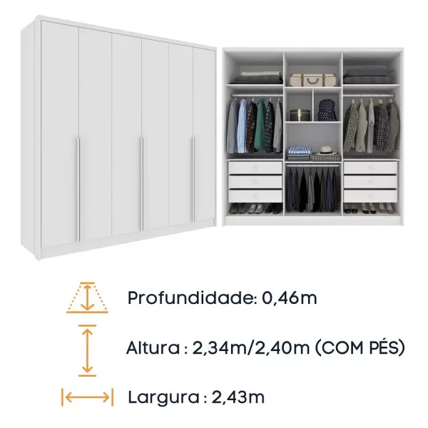 Roupeiro Fortuna 6 Portas em MDF Com Espelho e Pés Neve/ Neve - Image 3