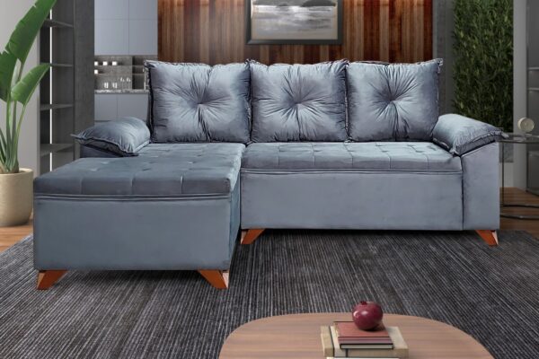 Conjunto de Estofado Moscou 2 Lugares  + Chaise Veludo Cinza