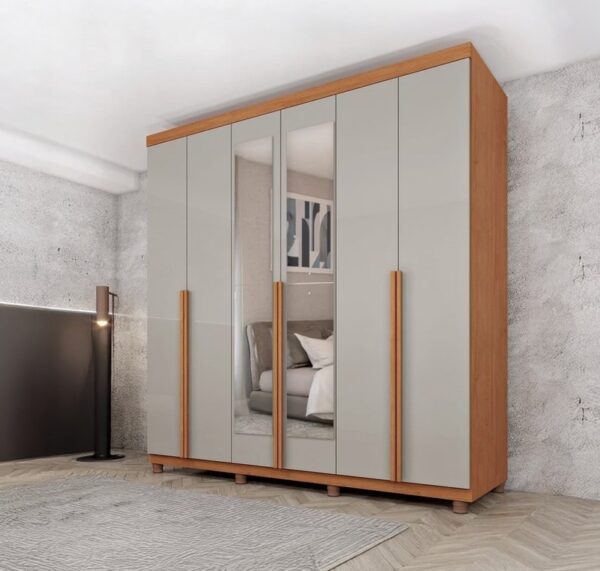 Guarda Roupa Casal 100% MDF 6 Portas 4 Gavetas Com Espelho e Pés Joinville Cinamomo- Off White