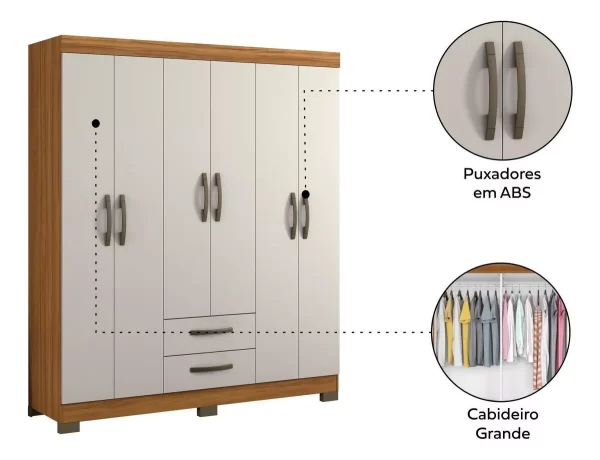 Roupeiro Luna 6 Portas 2 Gavetas Off White/Madeirado 100% MDF - Image 2