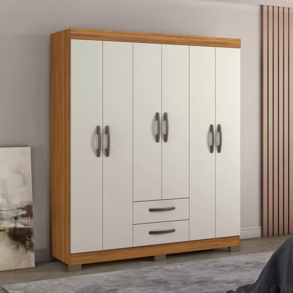 Roupeiro Luna 6 Portas 2 Gavetas Off White/Madeirado 100% MDF